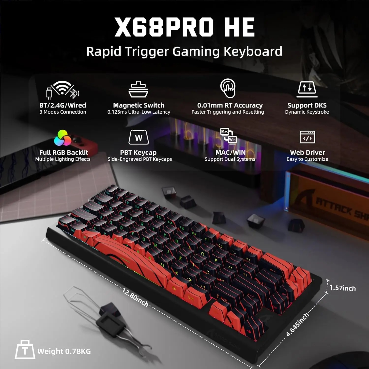 Gaming Keyboard Hot Swappable - ATTACK SHARK X68 PRO HE ワイヤレス高速トリガー